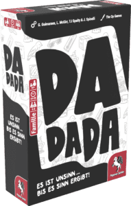 Familienspiel DADA DADA mit großen schwarzen Buchstaben.