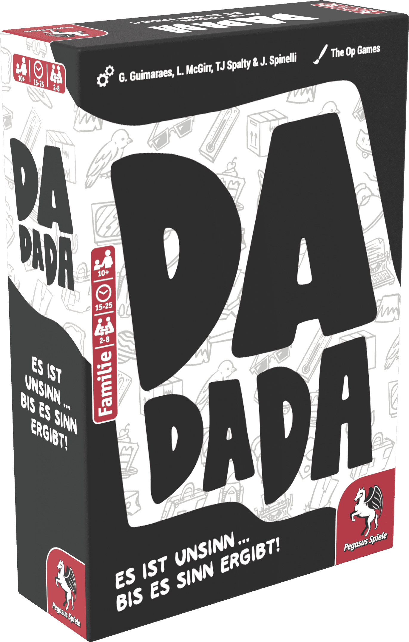 Familienspiel DADA DADA mit großen schwarzen Buchstaben.