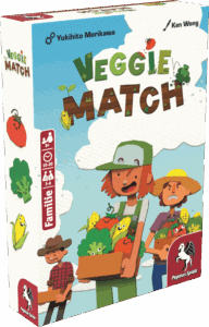 Brettspiel-Box mit Gemüsefiguren und Kindern.