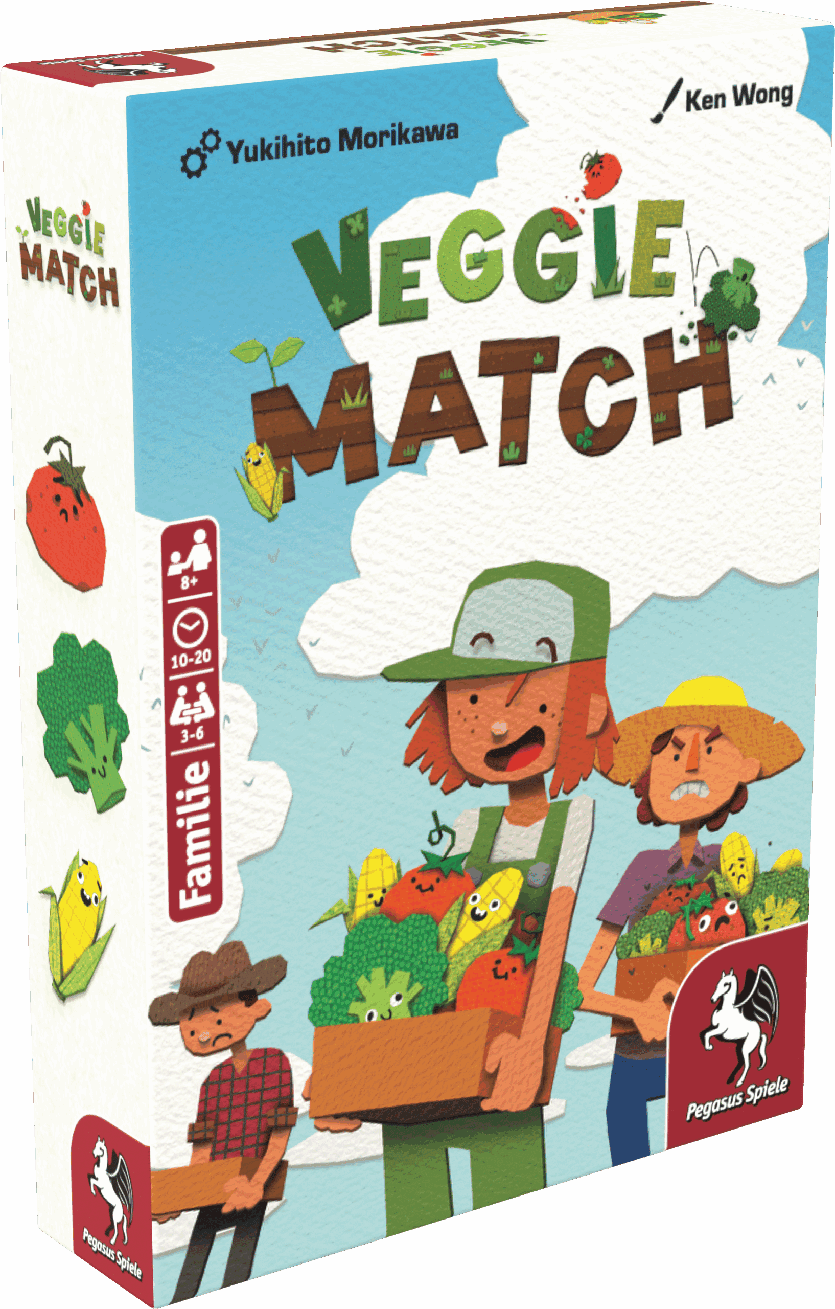Brettspiel-Box mit Gemüsefiguren und Kindern.