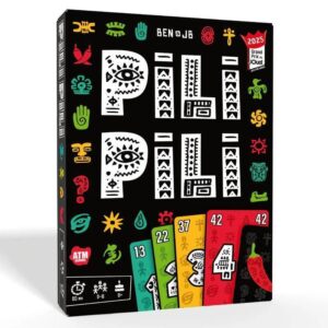 Paleo Kartenspiel mit bunten Karten und Symbolen auf schwarzem Hintergrund.