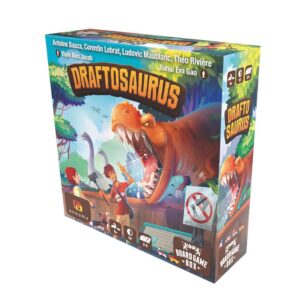 Brettspiel-Box Draftosaurus mit Dinosauriern und Kindern.