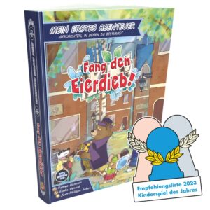 Kinder spielen das Brettspiel mit bunten Eiern und Figuren im Park.