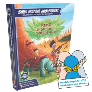 Kinder spielen mit einem Elefanten und Drachen auf dem Cover eines Brettspiels.