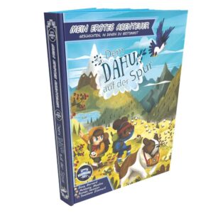 Buchcover mit Berglandschaft, Kindern und Hund beim Spielen.