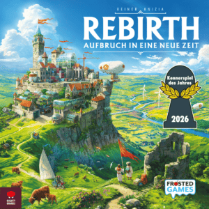 Brettspiel Rebirth mit Stadtansicht und Landschaften.